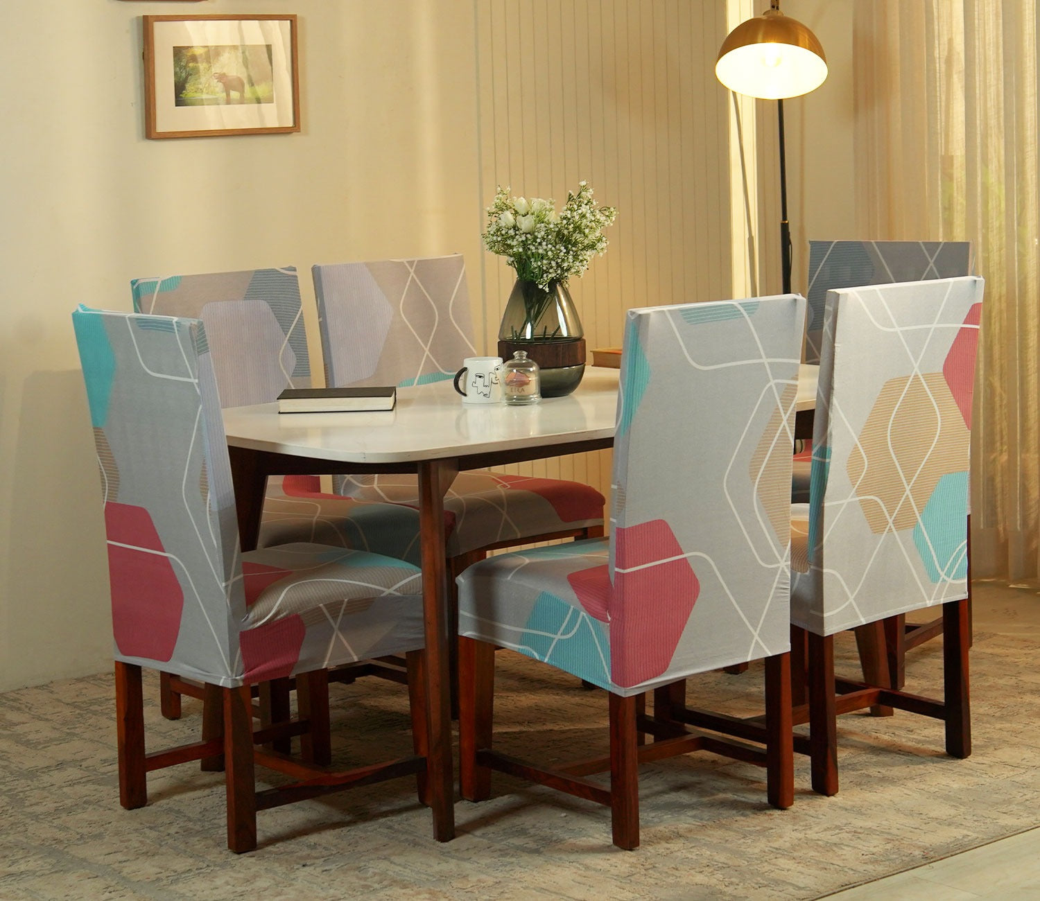 Agnus Modern Abstract Printed Polyester Spandex 6 Piece Chair Cover (Multi Colour)