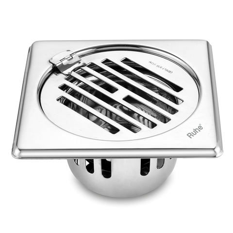 Trueliving_Classic Silver Square 304-Grade Floor Drain with Collar, Hinge & Cockroach Trap (6 x 6 Inches)