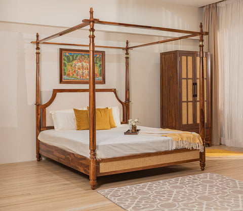 Samrat Sheesham Wood and Cane Upholstered Poster Bed Without Storage (King Size, Jade Ivory)