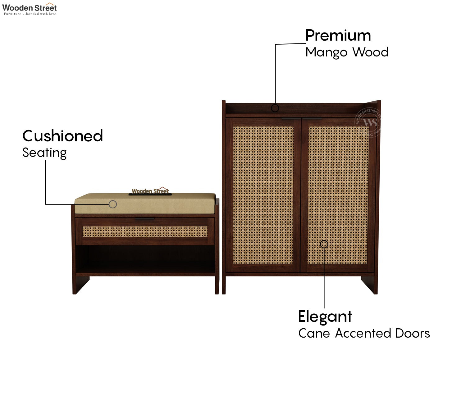 Stridon Solid Wood Shoe Rack & Bench Set with Cane Detailing (Mango Wood, Teak Finish)