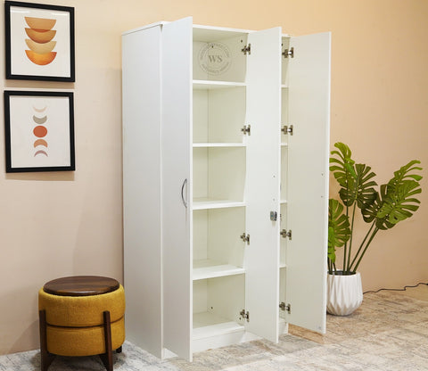 Kayden 3 Door Multi Utility Wardrobe With Lock (Frosty White Finish)