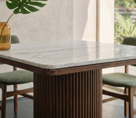 Samanvi 4 Seater Sheesham Wood Dining Table Set with Saumik Marble Top Table and Vinara Chair (Sage Green)