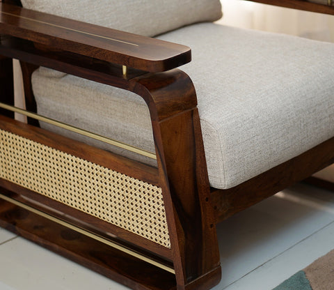 Vedic 3+1+1 Sheesham Wood Sofa Set With Cane and Brass Detailing (Honey Finish, Jade Ivory)