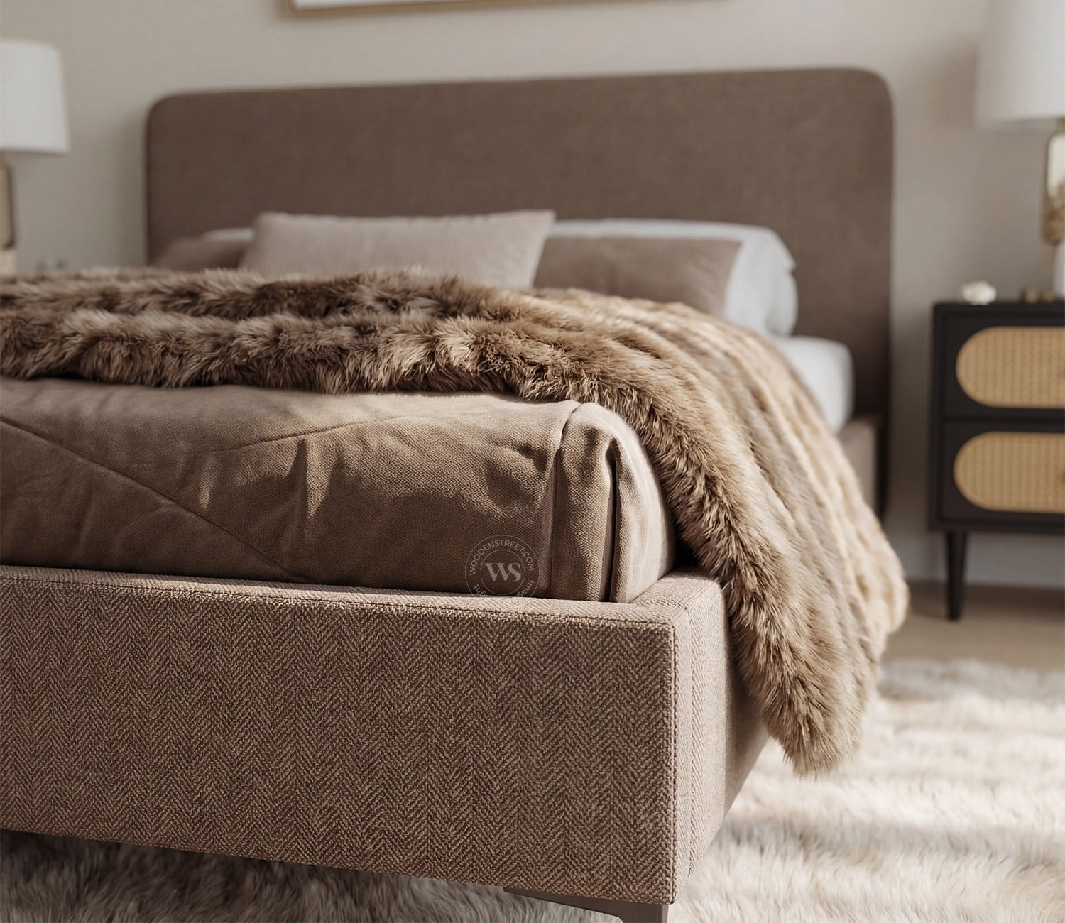 Andreas Premium Fabric Bed with Curved Headboard & Without Storage (Queen Size, Sand Brown)