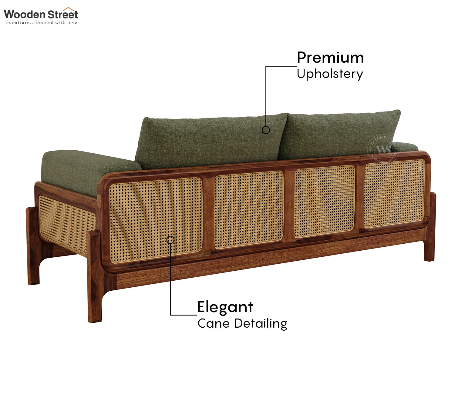Aranyam Sheesham Wood 3 Seater Sofa with Cane Detailing (Sage Green)