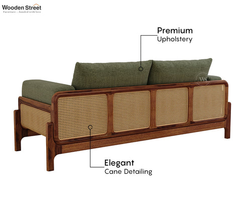 Aranyam Sheesham Wood 3 Seater Sofa with Cane Detailing (Sage Green)