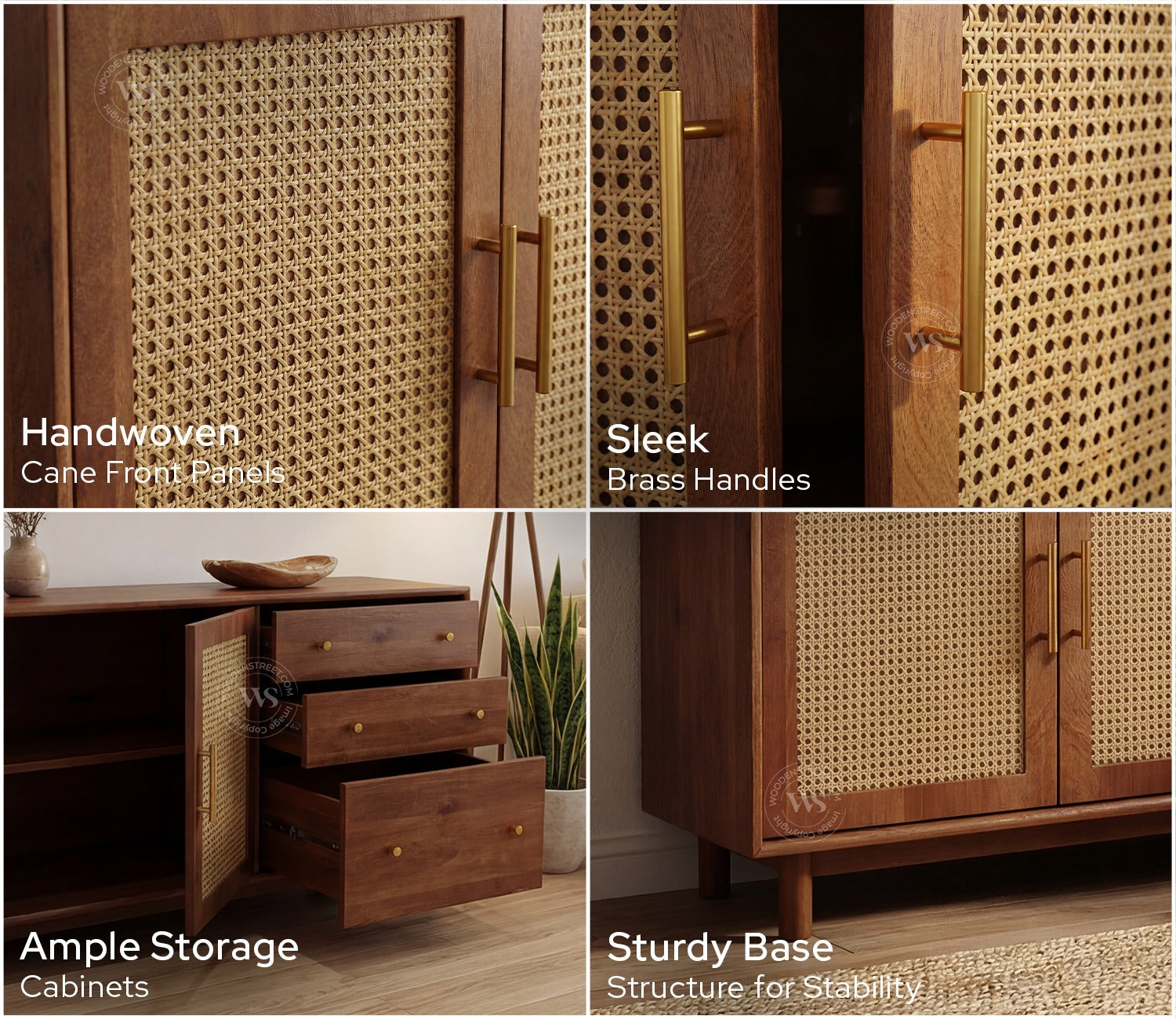 Tanay Mango Wood Sideboard with Cane Accents (Teak Finish)