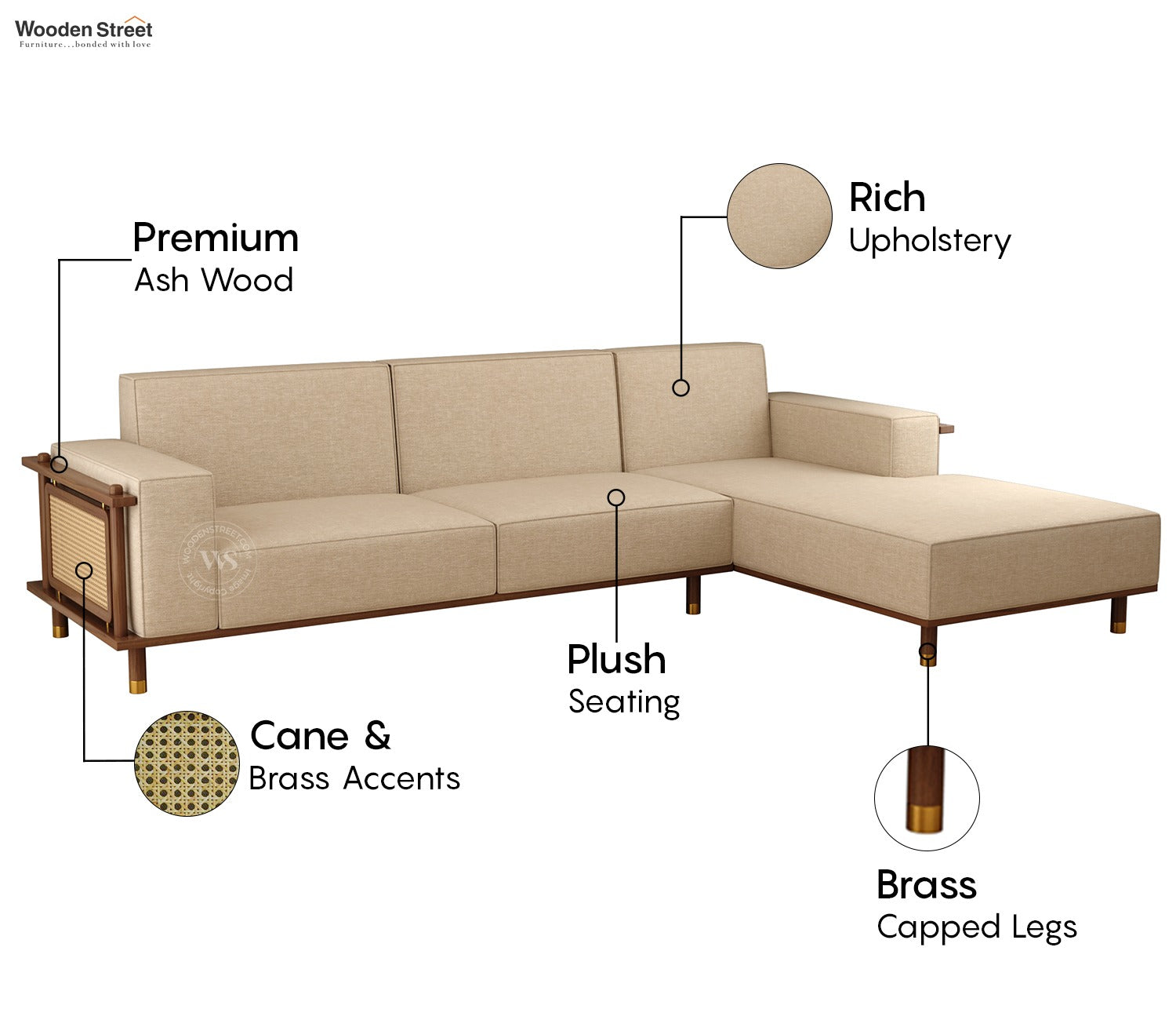 Saket Ash Wood L Shape Right Align Sofa with Cane And Brass Accents (Sand Beige)
