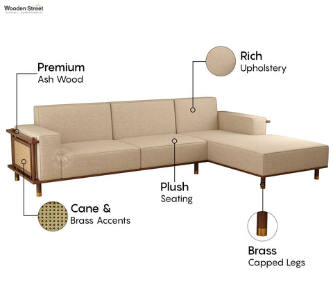 Saket Ash Wood L Shape Right Align Sofa with Cane And Brass Accents (Sand Beige)
