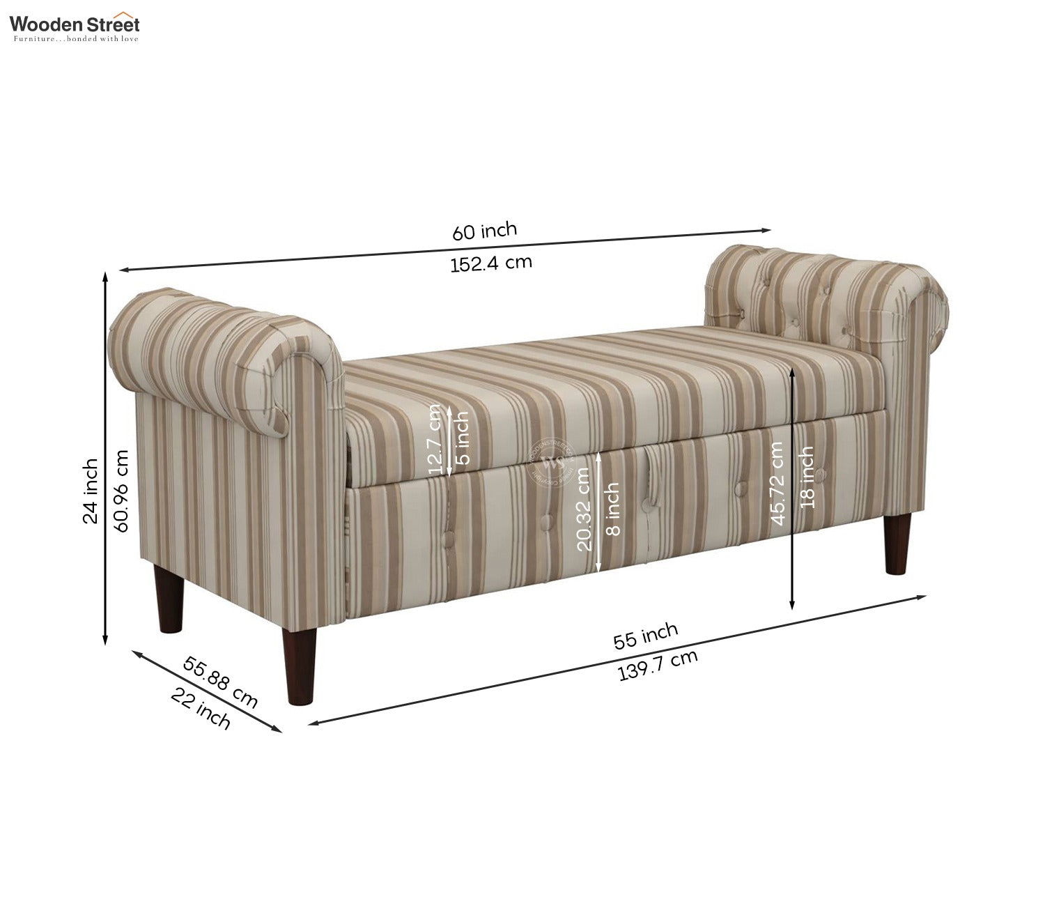 Velo Cushioned Hand Carved Sofa Bench With Hidden Storage (Cream Strip)