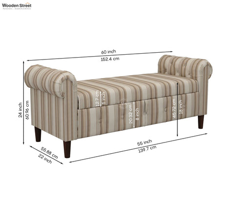 Velo Cushioned Hand Carved Sofa Bench With Hidden Storage (Cream Strip)