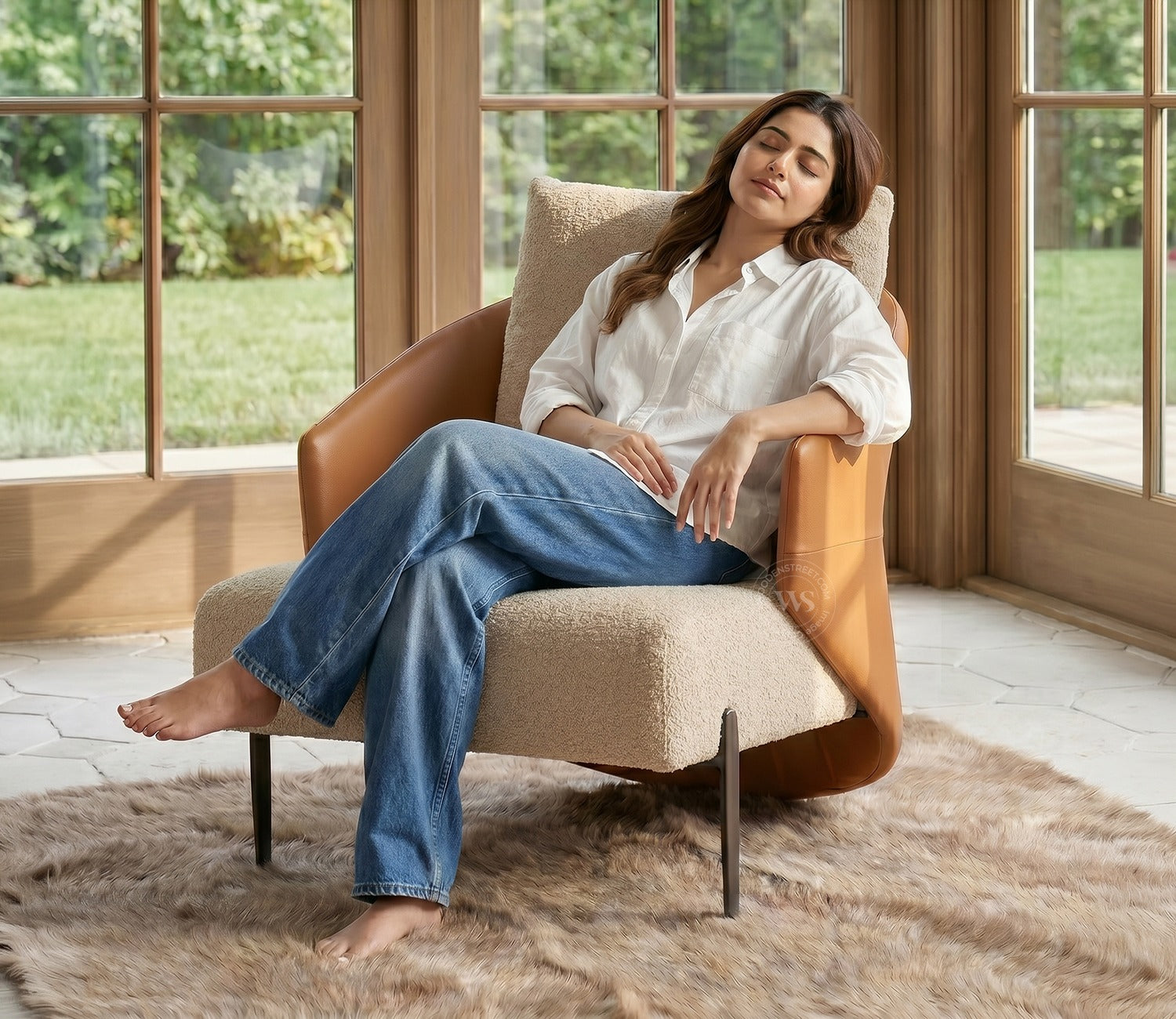 Velora Premium Lounge Chair With Leatherette Backrest & Plush Fabric Seating (Dual Tone)