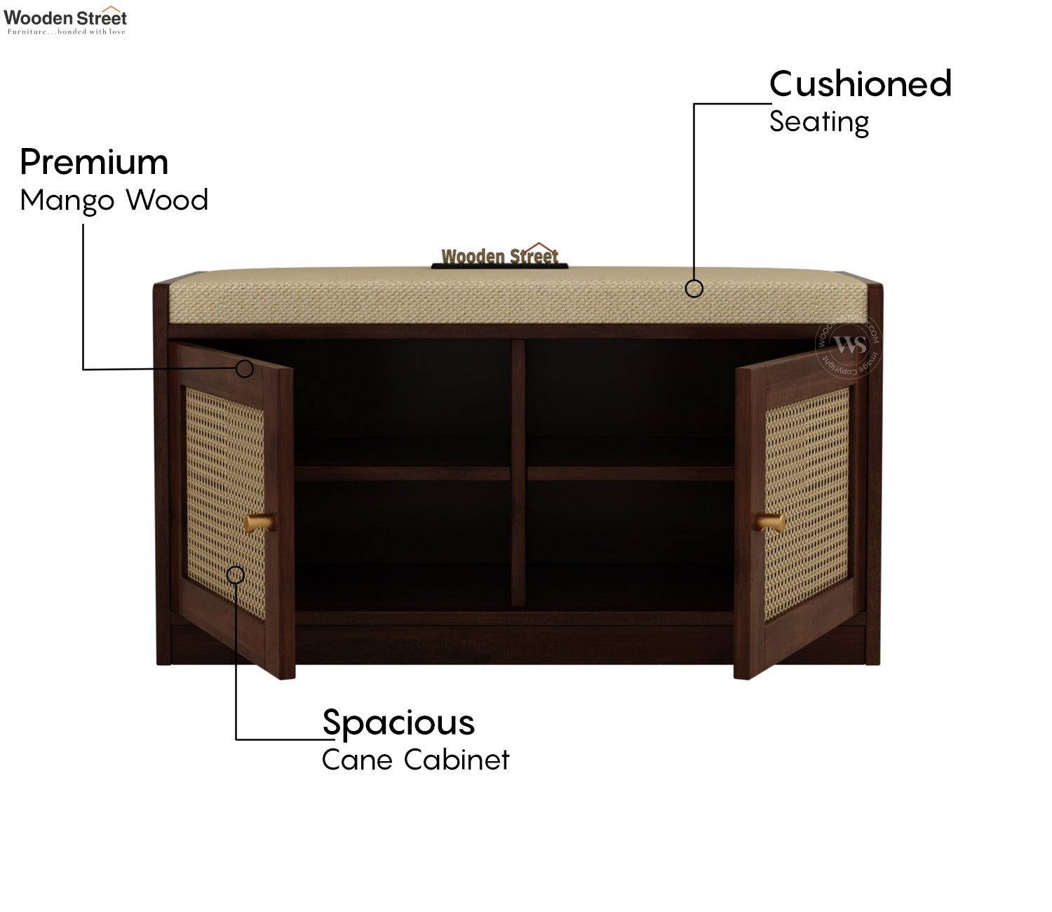 Bockle Premium Solid Wood Shoe Rack With Cane Work & Cushioned Seating (Mango Wood, Teak Finish)