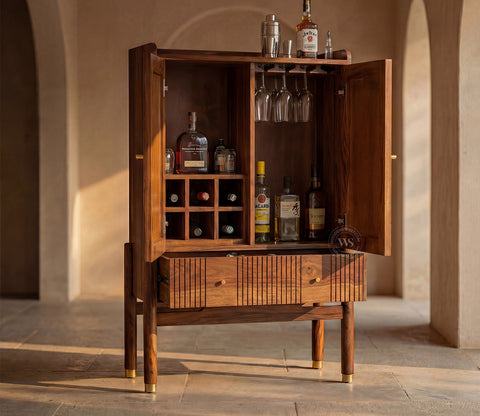 Amodh Sheesham Wood Bar Cabinet with Arched Cane Doors & Brass Handles (Teak Finish)