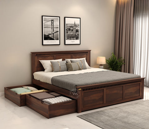 Adolph Sheesham Wood Queen Size Bed With Side Storage (Walnut Finish)