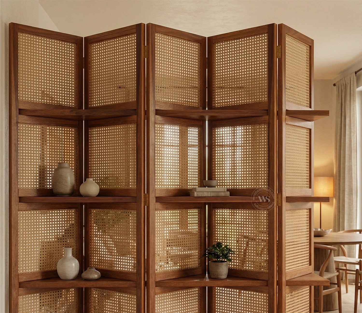 Aakaar Sheesham Wood Foldable Room Divider with Cane Weave & Open Shelves - 5 Panel Partition Screen