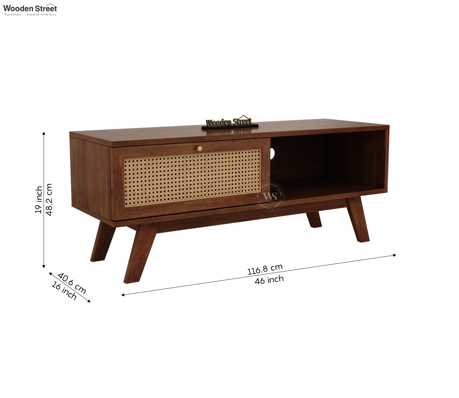 Droid Premium Solid Wood TV Unit With Pull-Down Door Cabinet, Open Shelf & Cane Detailing (Mango Wood, Teak Finish)