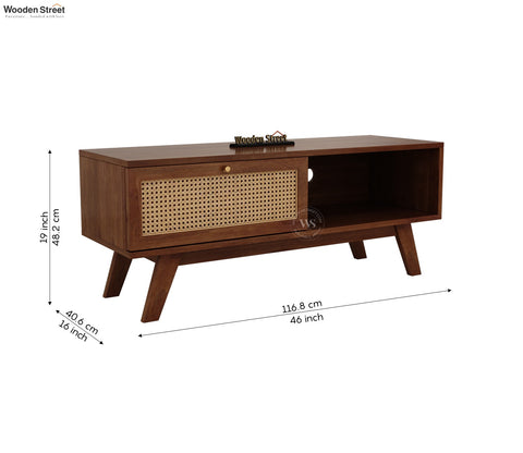 Droid Premium Solid Wood TV Unit With Pull-Down Door Cabinet, Open Shelf & Cane Detailing (Mango Wood, Teak Finish)