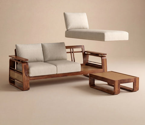 Vedic Sheesham Wood L Shape Left Align Sofa With Cane and Brass Detailing (Honey Finish, Jade Ivory)