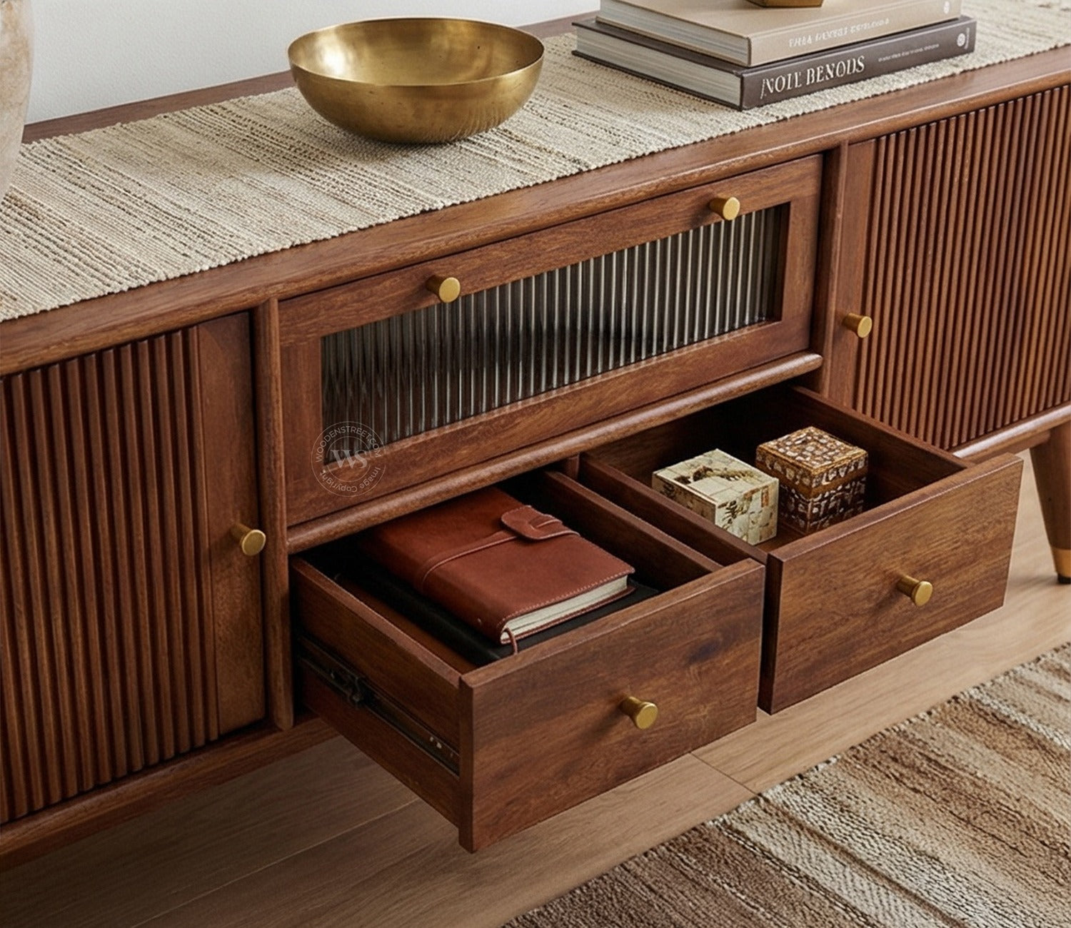 Hamona Premium Mango Wood TV Unit with Drawers And Cabinets (Teak Finish)
