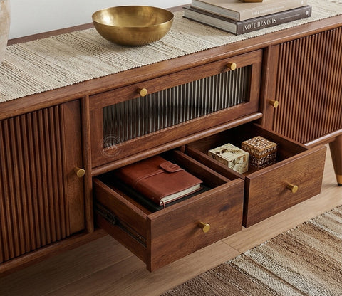 Hamona Premium Mango Wood TV Unit with Drawers And Cabinets (Teak Finish)