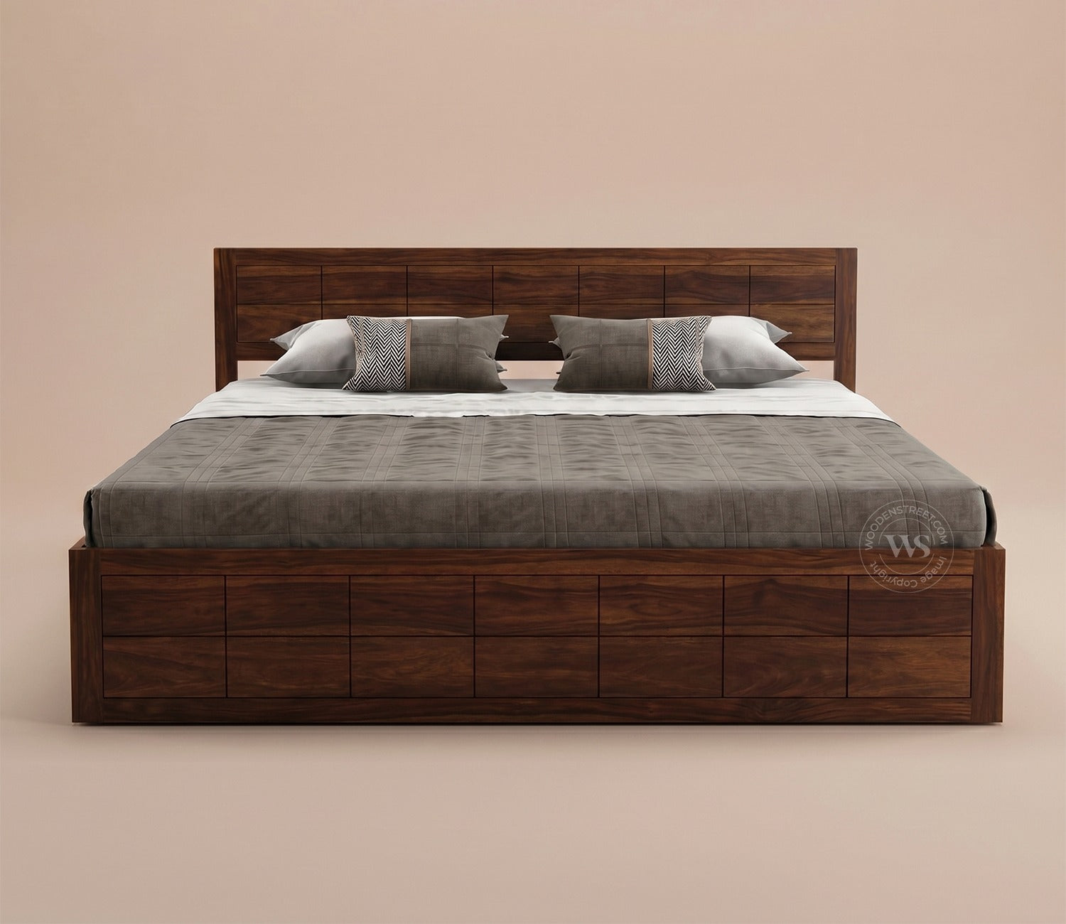 Brixton Sheesham Wood Bed With Box Storage (Queen Size, Walnut Finish)