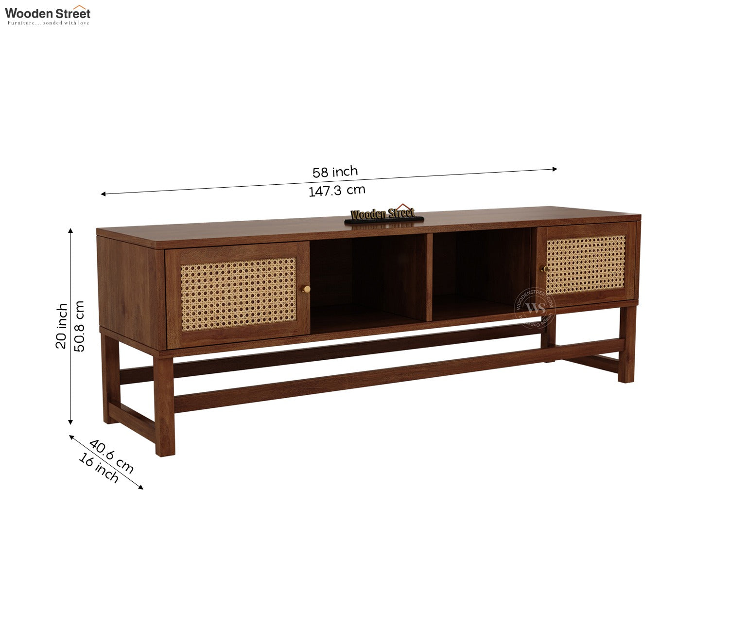 Imperio Premium Solid Wood TV Unit With Cane Door Cabinets & Open Shelves (Mango Wood, Honey Finish)
