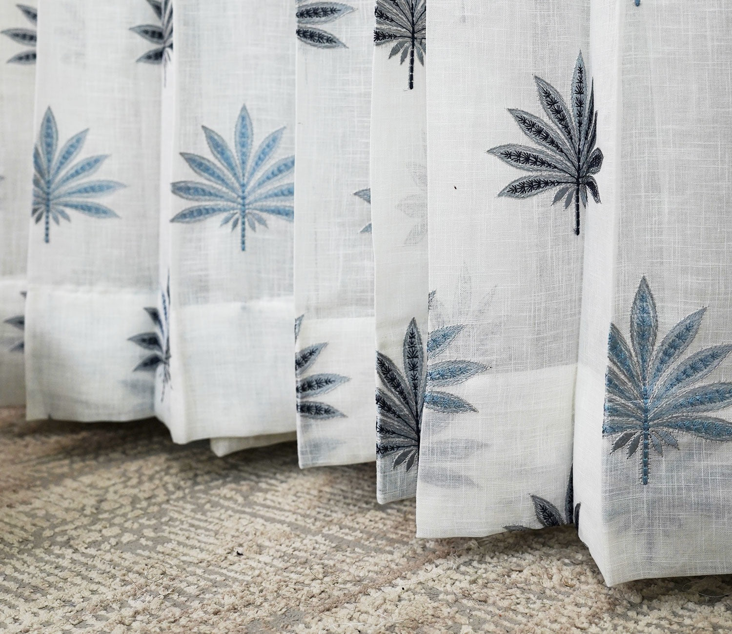 Crown Leaf Sheer Door Curtains Set of 2 (Blue, 7 Feet)