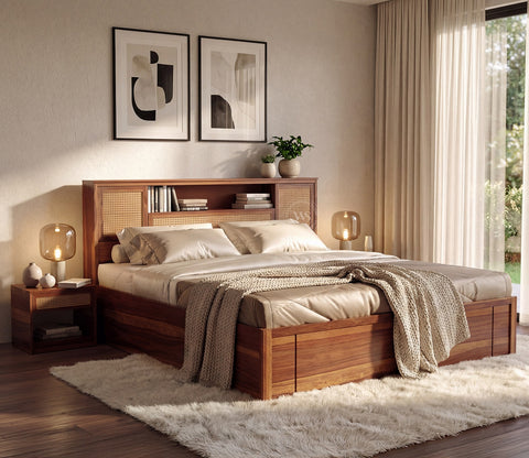 Ferguson Sheesham Wood Bed with Hydraulic Storage and Cane Detailing (King Size, Teak Finish)