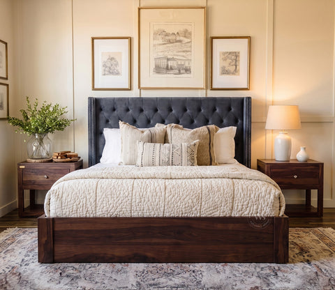Drewno Sheesham Wood Upholstered Bed With Storage (King Size, Graphite Grey)