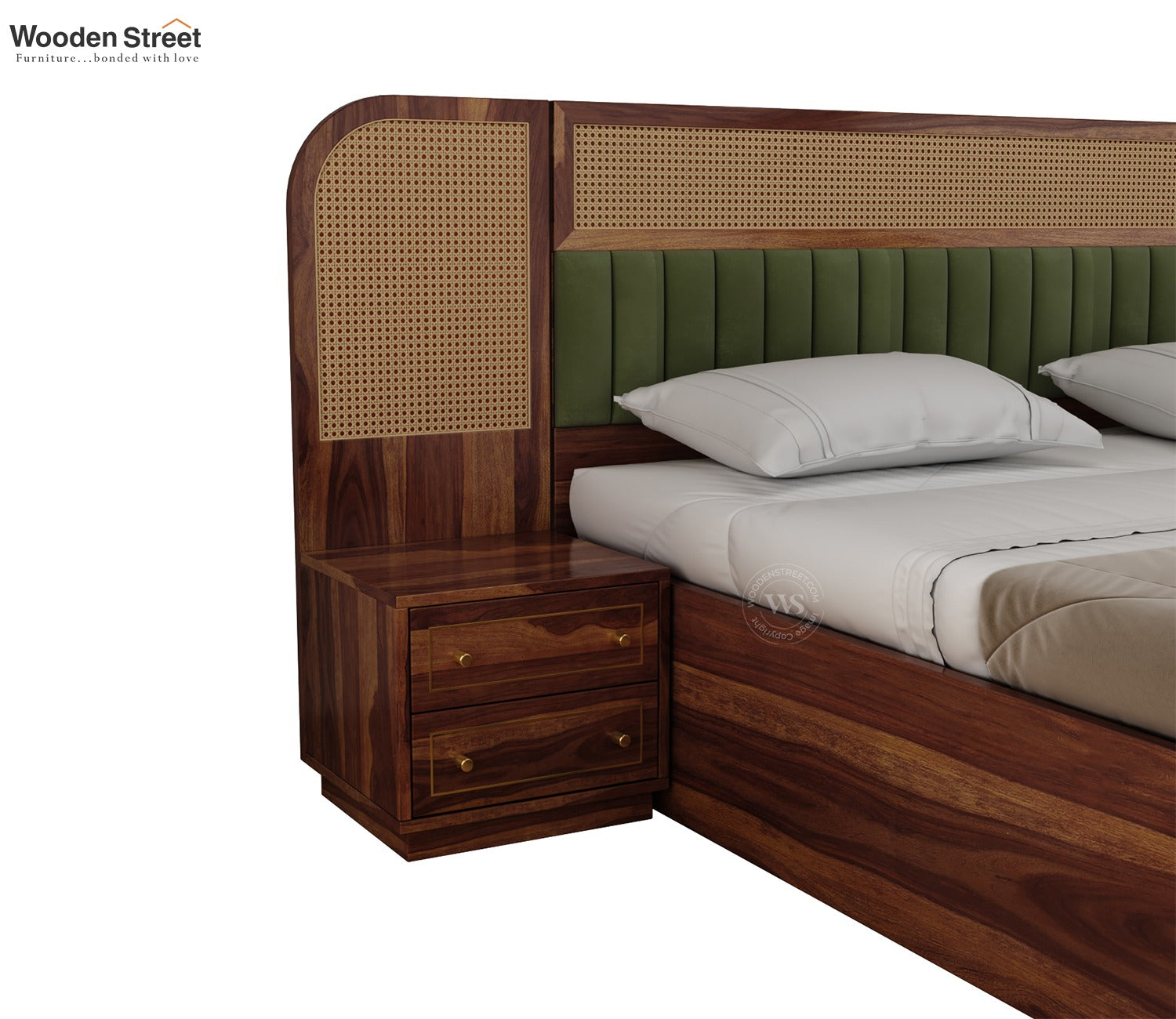 Serah Premium Sheesham Wood Bed with Cane & Velvet Headboard, Hydraulic Storage & 2 Modular Bedside Tables (King Size, Teak Finish)