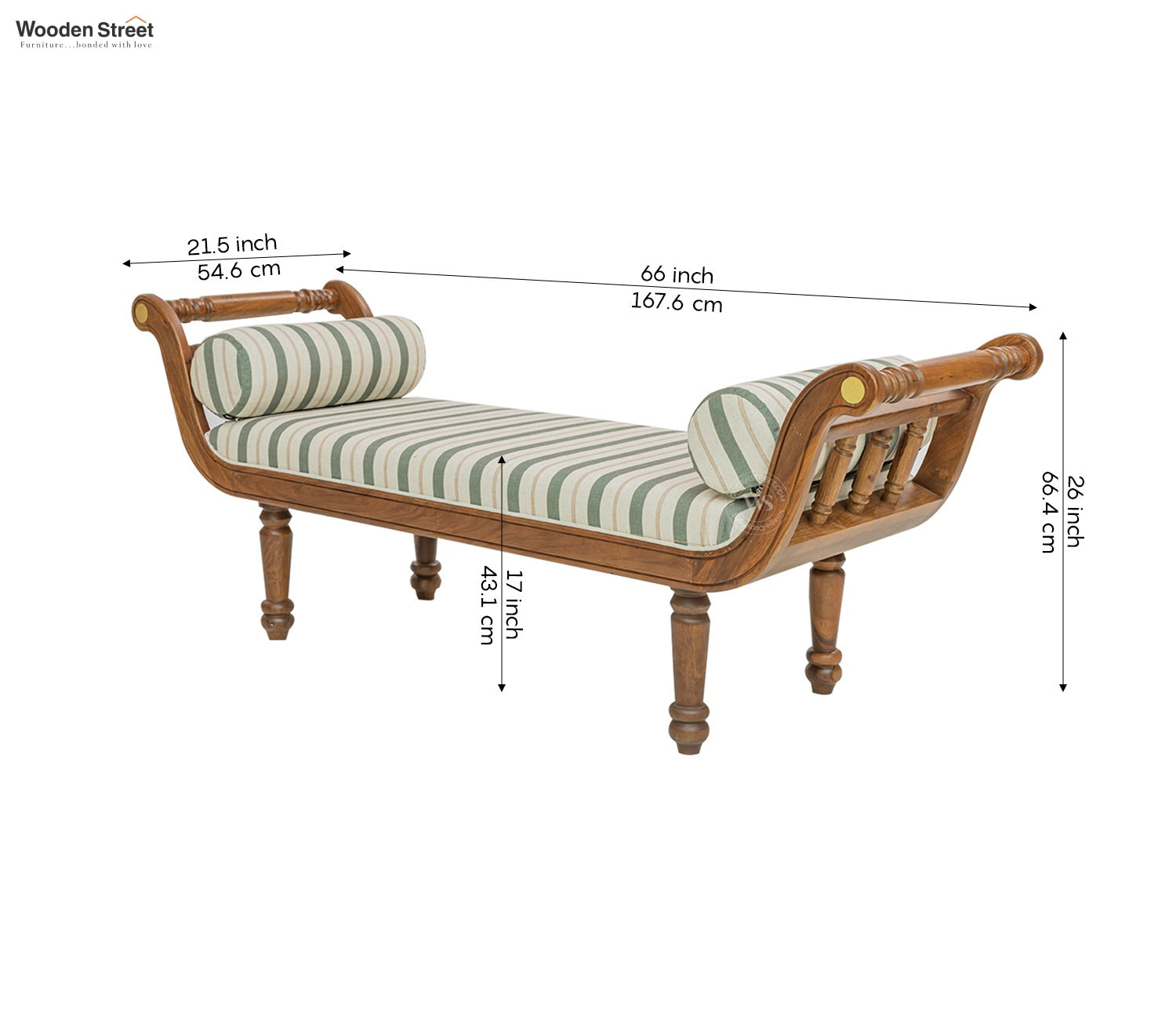 Virasat Sheesham Wood Sofa Bench With Cushioned Seat (Teak Finish, Green Stripes)