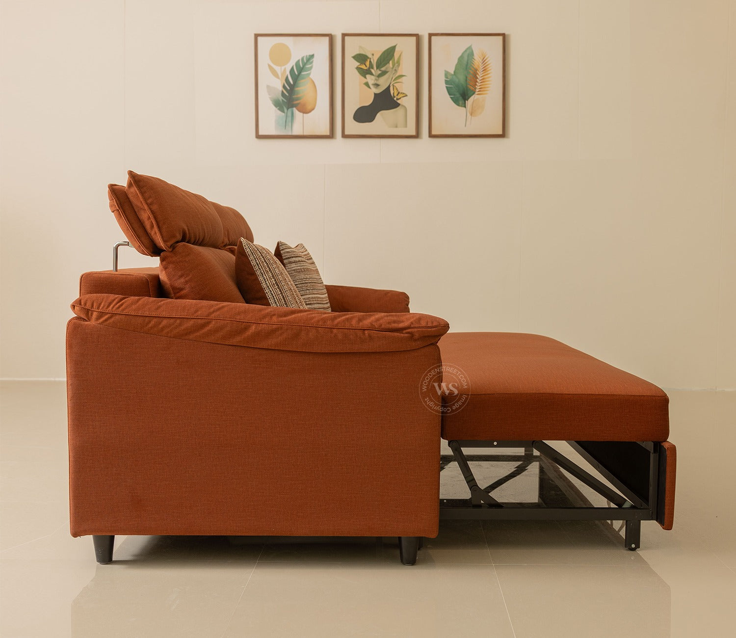 Bruna 3-Seater Convertible Sofa Cum Bed | Pull-Out Mechanism | Adjustable Backrest | Premium Fabric Upholstery | Space-Saving Design (Orange)