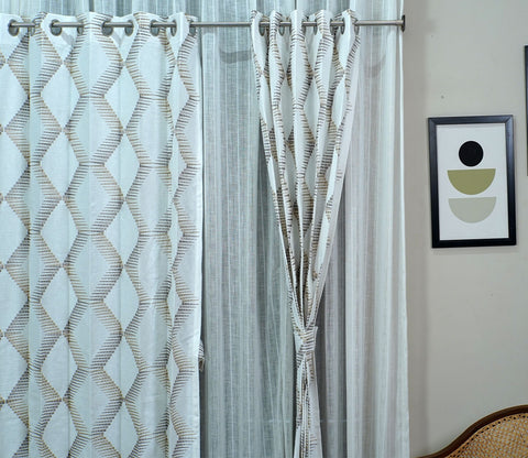Rhombus Sheer Door Curtains Set of 2 (Beige, 7 Feet)