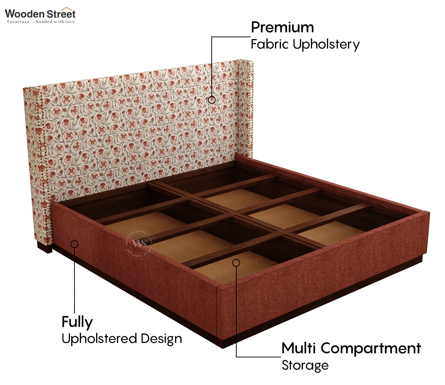 Kesarth Luxe Fabric Bed with High Rise Headboard & Storage (King Size, Red Upholstery)