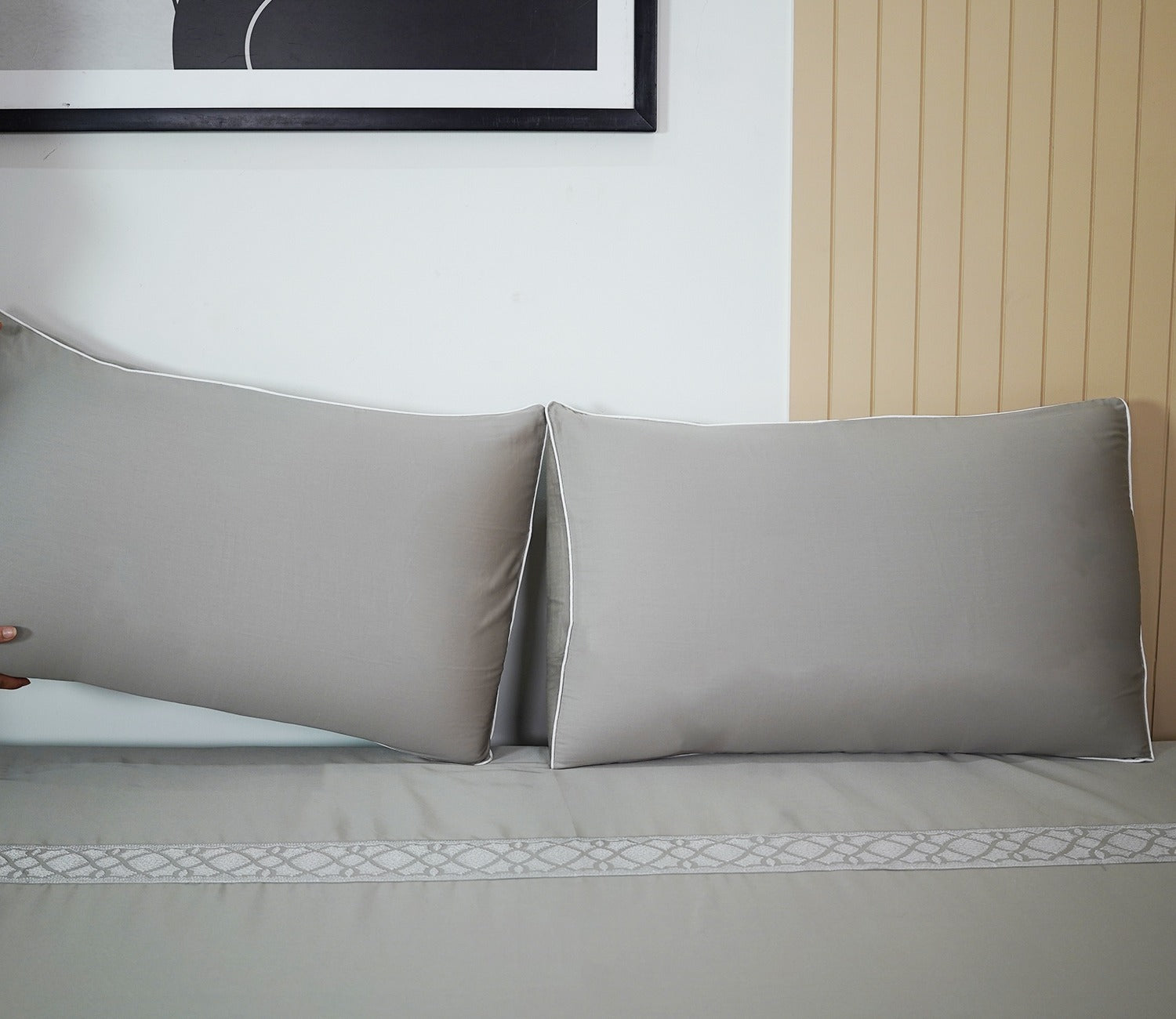 Square Embroidery 300 TC Flat Pure Cotton King Size Bedsheet With 2 Pillow Covers (Grey)