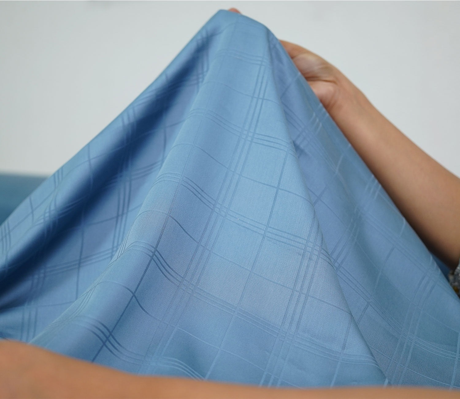 Dobby Checks Organic Bamboo 300 TC 2 Pillowcases and 1 Fitted Bedsheet (Blue, Queen Size)