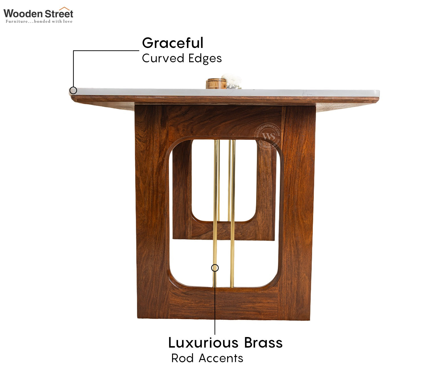 Mishaan-Koby 6 Seater Sheesham Wood Dining Table Set with Quartz Top (Teak Finish)