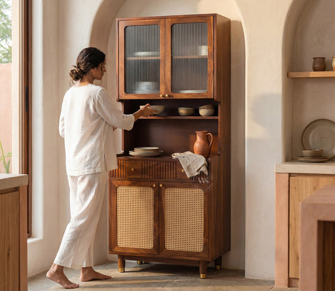 Sanchay Classic Kitchen Cabinet with Fluted Glass, Cane Weave & Brass Knobs (Teak Finish)