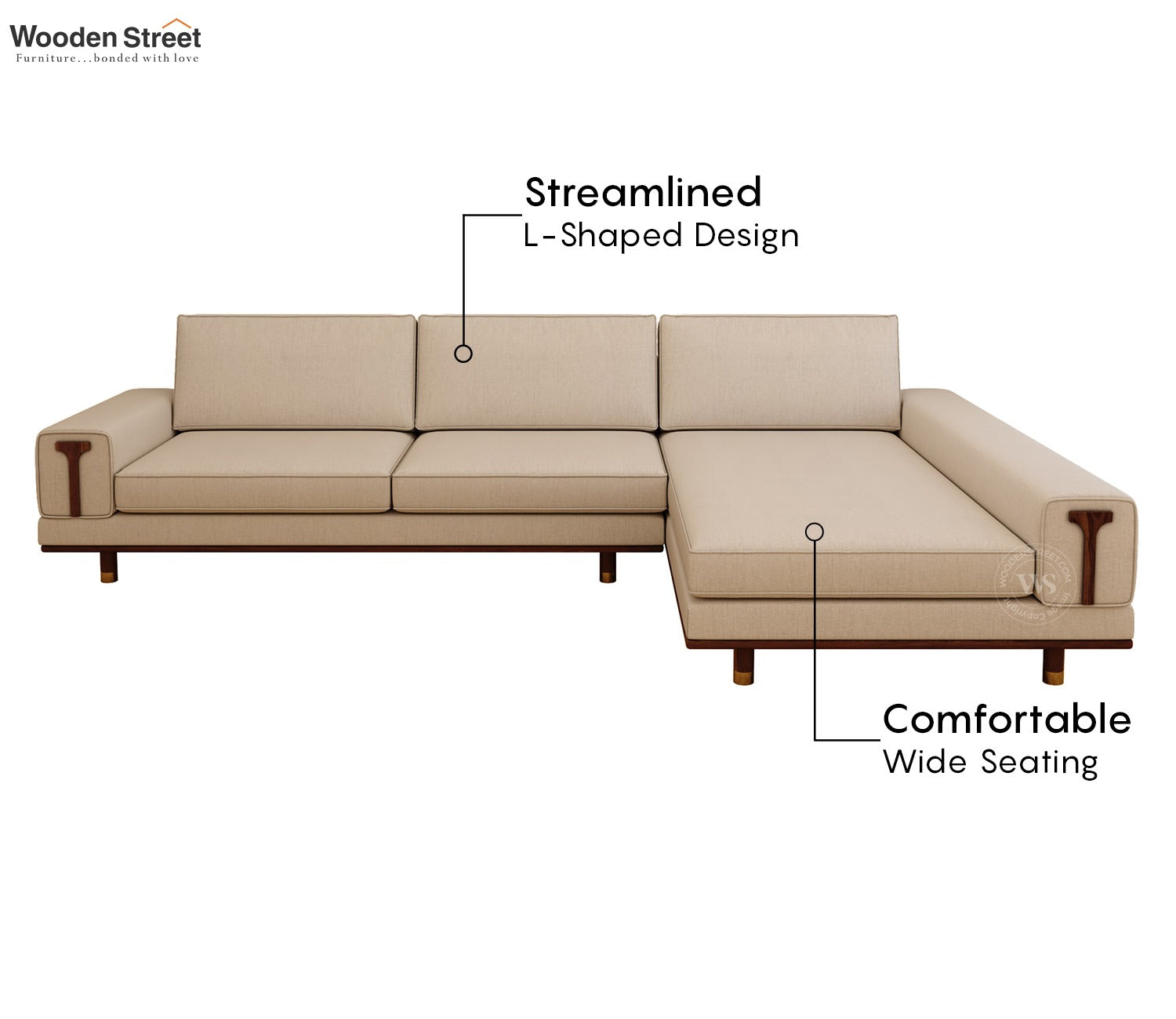 Nivas L-Shaped Sofa with Wooden Accents (Jade Ivory)