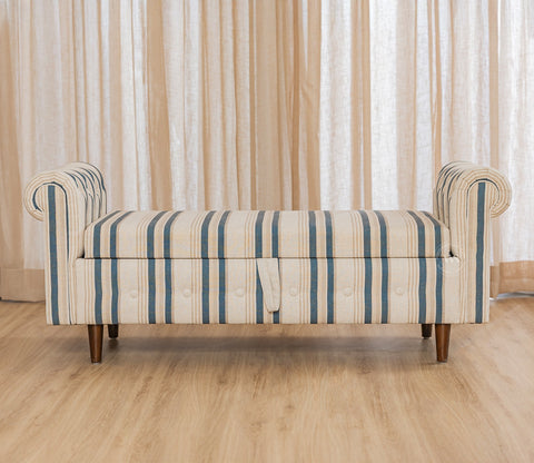 Velo Cushioned Hand Carved Sofa Bench With Hidden Storage (Blue Strip)