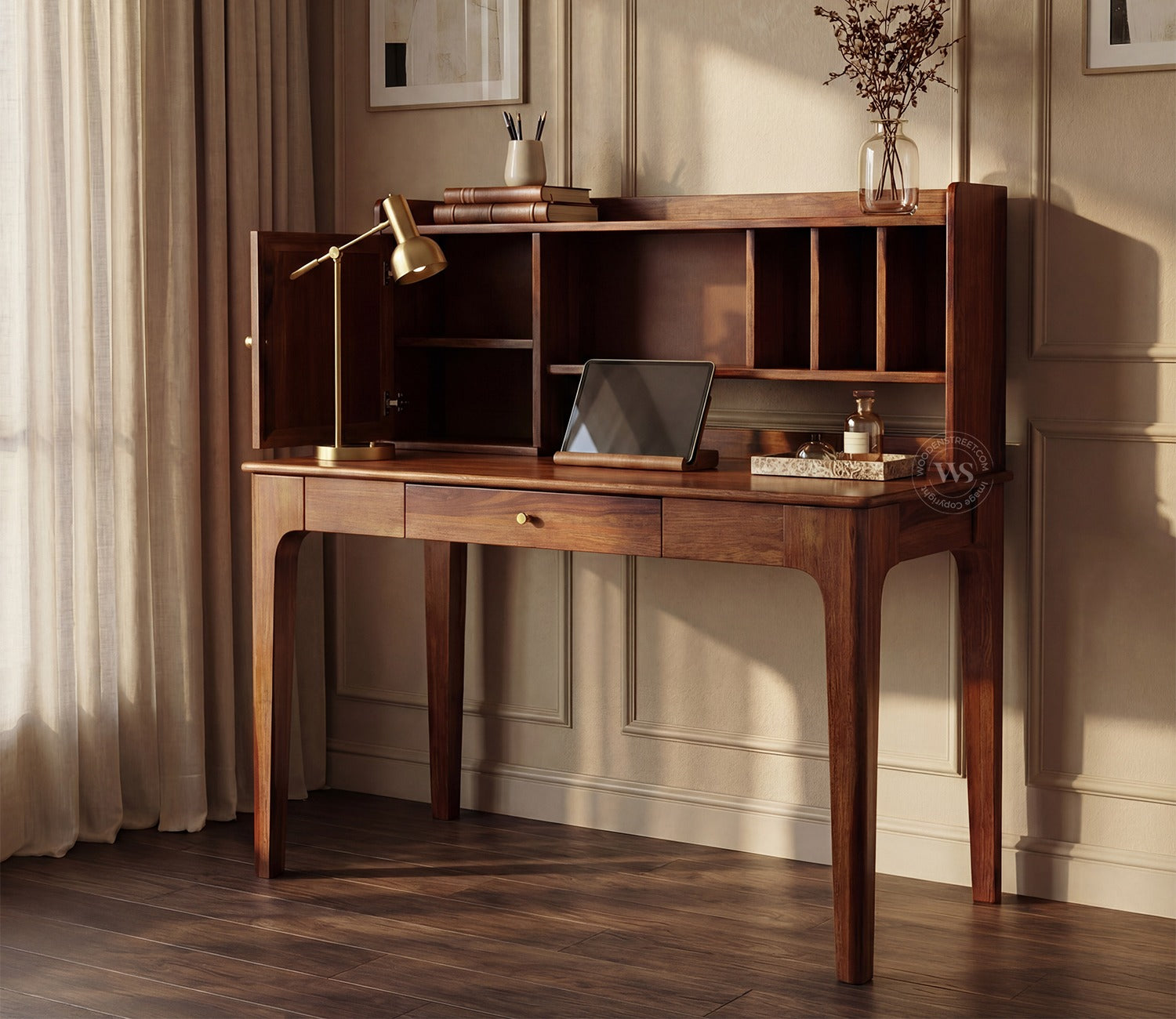 Nirman Sheesham Wood Study Table with Storage & Cane Cabinet (Teak Finish)