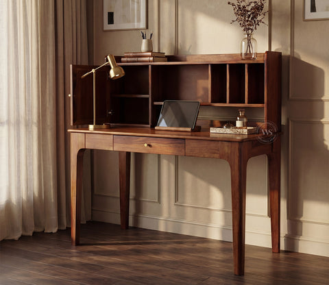 Nirman Sheesham Wood Study Table with Storage & Cane Cabinet (Teak Finish)