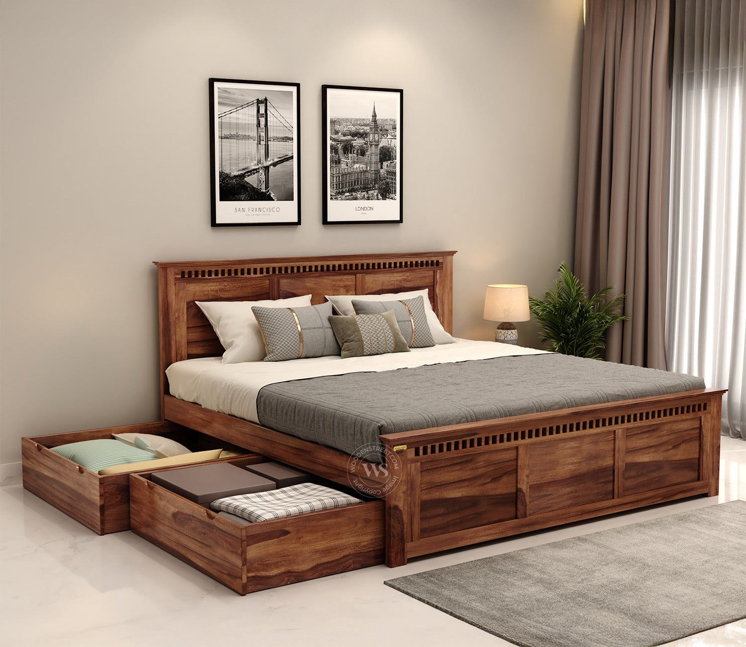 Adolph Sheesham Wood Queen Size Bed With Side Storage (Honey Finish)