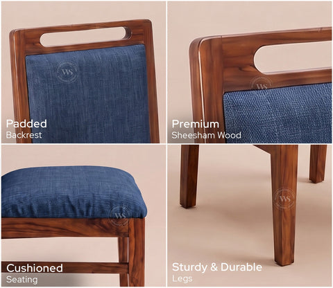 Hazel Sheesham Wood Premium Cotton Cushioned Dining Chair - Set of 2 (Cotton, Honey Iris Blue)