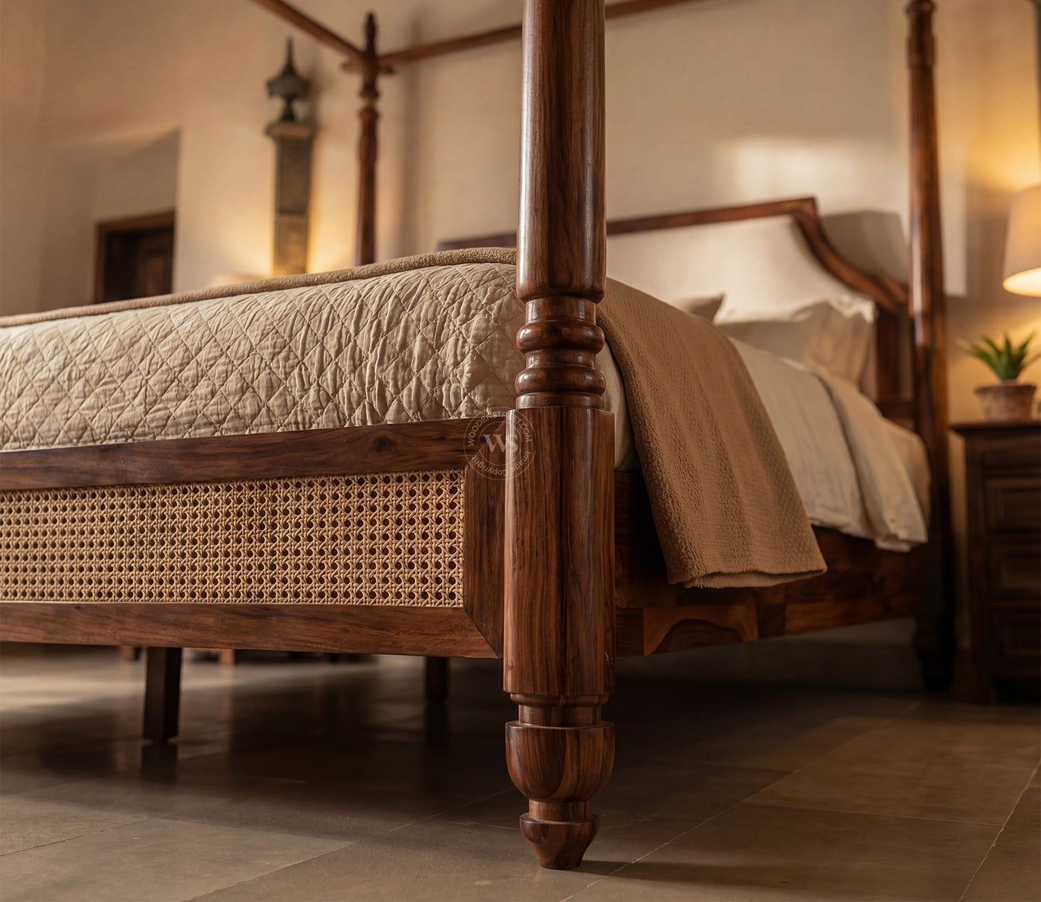 Samrat Sheesham Wood and Cane Upholstered Poster Bed Without Storage (King Size, Jade Ivory)