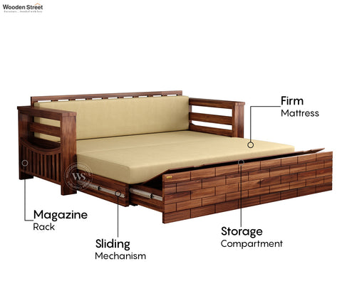 Sereta Sheesham Wood Sofa Cum Bed (Queen Size, Honey Finish)
