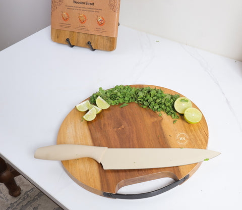 Sage Round Mango Wood Handcrafted Non Slip Chopping Board With Handle for Kitchen