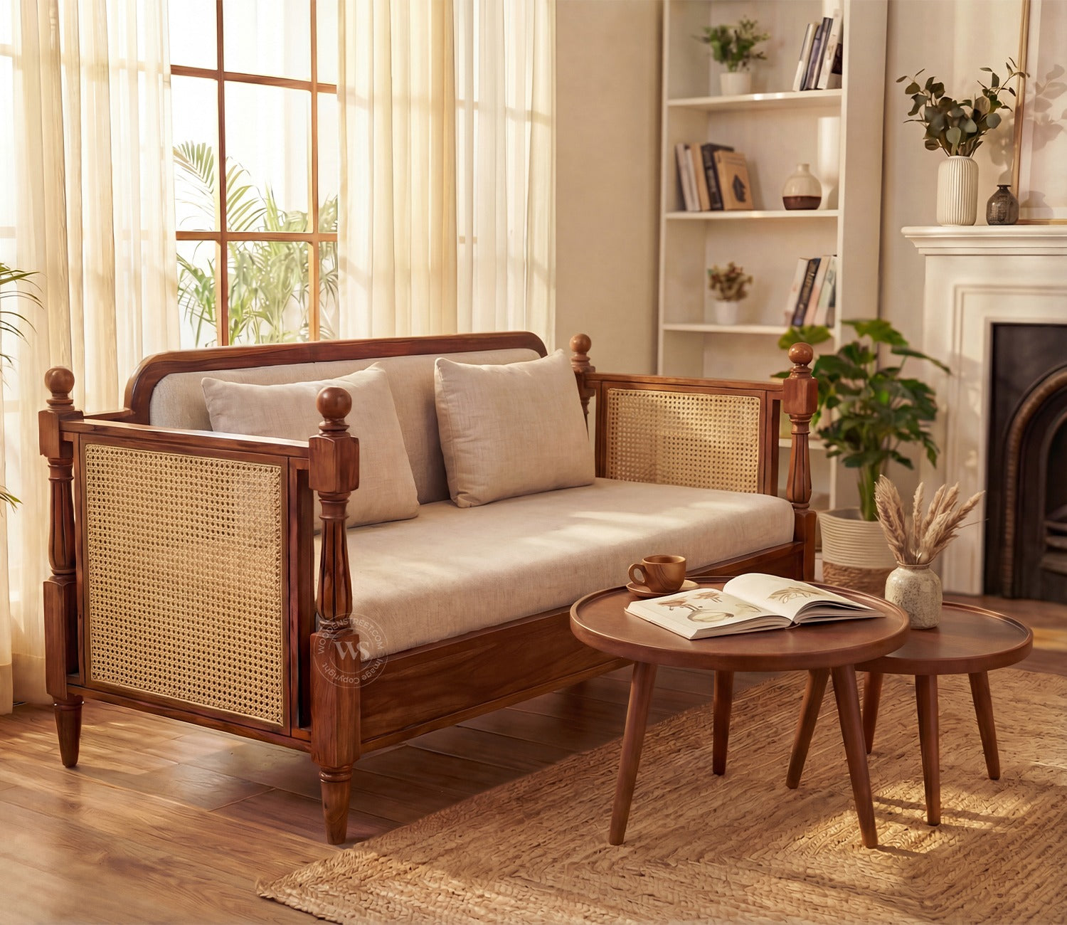 Dyuti Sheesham Wood and Cane Divan Bed with Jade Ivory Mattress (Teak Finish)