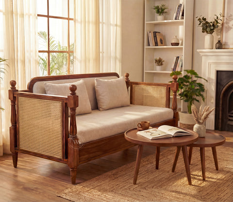 Dyuti Sheesham Wood and Cane Divan Bed with Jade Ivory Mattress (Teak Finish)